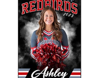 May include: A digital banner and poster template featuring a cheerleader holding red pom-poms. The design includes the text REDBIRDS 2023, Ashley Stevens, and Morton. The background is black with white smoke effects and red, white, and blue accents.