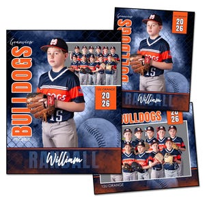 May include: Baseball-themed digital templates featuring young athletes in team uniforms. The templates include the text "Granview Bulldogs" and "12U Orange 2026". The images showcase baseball players with gloves and baseballs, set against a dark blue and orange background.