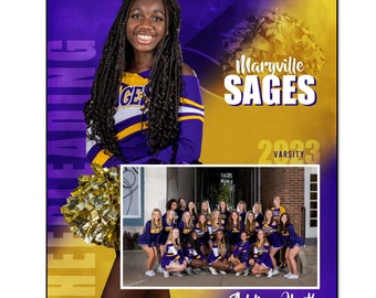 May include: Digital Adobe Photoshop template for an 8x10 inch Memory Mate. The design features a cheerleader in a purple and gold uniform, the text "Maryville Sages Varsity 2023", and a team photo. Includes the name "Addison Heath".