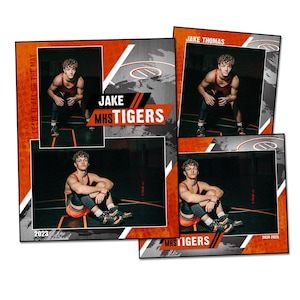 May include: Four digital wrestling photo templates with a gray and orange background. The templates feature a wrestler in different poses. The text "LEAVE IT ALL ON THE MAT" and "JAKE MHSTIGERS" is on the templates. The text "JAKE THOMAS" is on one of the templates.