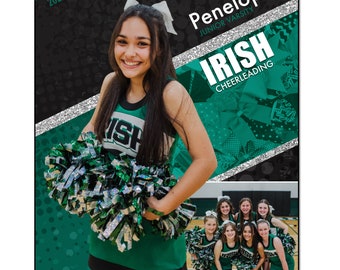 May include: A digital memory mate template featuring a cheerleader in a green and black uniform holding pom-poms. The template includes the text "Penelope, Junior Varsity, Irish Cheerleading" and the year "2023-2024". The template is 8x10 inches.