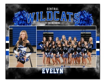 May include: A digital memory mate template featuring the Central Wildcats cheerleading team. The design includes the team name in blue and white, along with photos of the cheerleaders in black and white uniforms with blue pom-poms. The template is 8x10 inches.