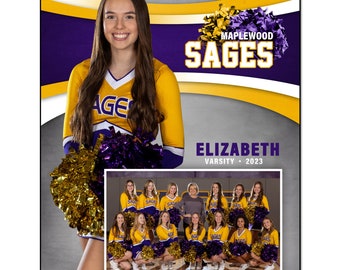 May include: A digital memory mate template featuring a cheerleader in a yellow and purple uniform, holding gold pom-poms. The template includes the text "Maplewood Sages" and "Elizabeth Varsity 2023". A team photo is also included.