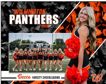 May include: A digital template for an 8x10 inch memory mate, featuring the text "Wilmington Panthers 2023" in white and black. The design includes a cheerleader in an orange and black uniform, pom-poms, and a team photo.