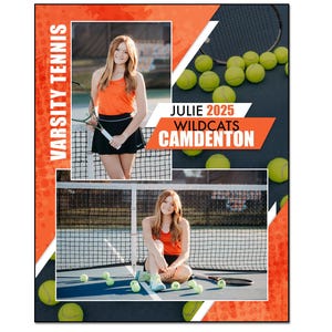 May include: A memory mate template for Varsity Tennis. The design features two photos of a tennis player in an orange top and black skirt, with tennis balls and a net. Text includes "VARSITY TENNIS", "JULIE 2025 WILDCATS CAMDENTON".