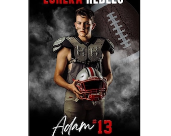 May include: A digital banner template for Adobe Photoshop featuring a football player in a black and red uniform with a red helmet. The banner is black with white smoke effects and the text "EUREKA REBELS" in red. The player's name is "Adam" and his number is "13". The banner is 61 cm by 91 cm.