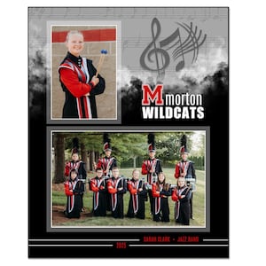 May include: A black and white memory mate template with two photos of a marching band. The top photo features a person in a red and black uniform. The bottom photo shows a group of people in matching uniforms. The text "Morton Wildcats" is displayed.