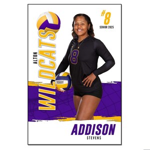 May include: A volleyball player wearing a black jersey with the number 8 on it. The jersey has a gold outline. The player is holding a volleyball. The background is purple with a yellow and white design. The text "ALTON WILDCATS" is in yellow and white. The text "#8 SENIOR 2025" is in yellow and white. The text "ADDISON STEVENS" is in yellow and white.