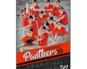 May include: A team photo of the Warrensburg Panthers 9U baseball team. The players are wearing orange jerseys and black caps. The banner includes the team name, the year 2025, and the dimensions of the banner, which are 61cm x 91cm.