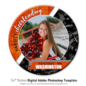 CHEERLEADING BUTTON013 | 7 x 7 Adobe Photoshop digitale foto knopsjabloon | Photoshop-sjabloon voor sport | Alleen digitaal bestand