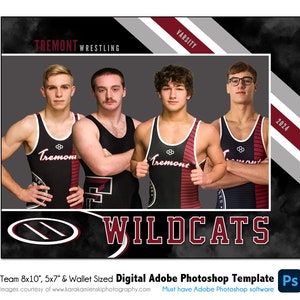 Könnte beinhalten: Eine digitale Vorlage für ein Wrestling-Teamfoto. Die Vorlage hat einen grauen Hintergrund mit roten und weißen Streifen, den Teamnamen "Tremont Wildcats" und das Jahr "2024". Vier Ringer tragen schwarze und rote Wrestling-Singlet mit dem Teamnamen "Tremont" auf der Vorderseite. Die Vorlage ist für die Verwendung mit Adobe Photoshop konzipiert.