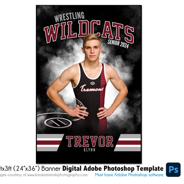 WRESTLING BANNER 001 | 2ftx3ft (24"x36") Adobe Photoshop Digital Template | Sports Template for Banners & Posters | Digital File Only