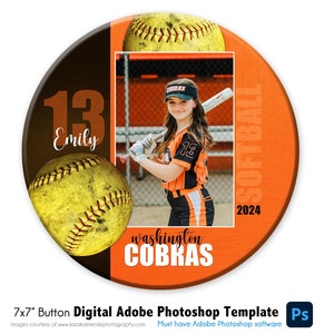 PULSANTE SOFTBALL 021 / 7x7 Modello pulsante foto digitale Adobe Photoshop / Modello Photoshop sportivo / Solo file digitale