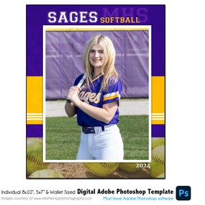 SOFTBALL Ind036 / 8x10, 5x7, Plantilla digital Wallet Adobe Photoshop / Plantilla de Photoshop deportiva para equipos e individuos / Solo digital