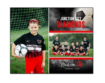 Könnte beinhalten: Eine digitale Memory-Mate-Vorlage mit einer jungen Fußballspielerin, die einen Fußball hält und ein schwarz-rotes Trikot trägt. Die Vorlage enthält den Text "Junction City Diamonds" und "Madison 16 Forward 2024".