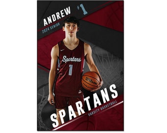 Puede incluir: Un jugador de baloncesto vistiendo una camiseta granate con el número 1 y la palabra "Spartans" en ella. El jugador está sosteniendo un balón de baloncesto y está de pie frente a un fondo rojo y negro con el texto "Andrew 2024 Senior #1 Spartans Varsity Basketball" en él.