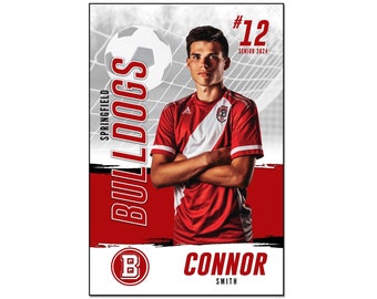 May include: A red and white soccer jersey with a white and red stripe design. The jersey has a black Adidas logo on the left chest and a red letter "B" on the right chest. The jersey is worn by a young man with a soccer ball in the background. The text "Springfield Bulldogs" is written in black on a white background. The text "#12 Senior 2024" is written in white on a red background. The text "Connor Smith" is written in white on a red background.