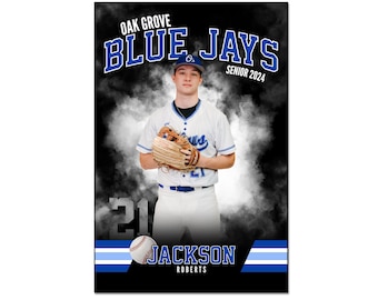 May include: A baseball banner template featuring a baseball player in a blue and white uniform with a white baseball cap. The banner is black with white smoke effects and the text "OAK GROVE BLUE JAYS SENIOR 2024" in blue and white. The player's name "JACKSON ROBERTS" is in white text on a blue and white stripe.