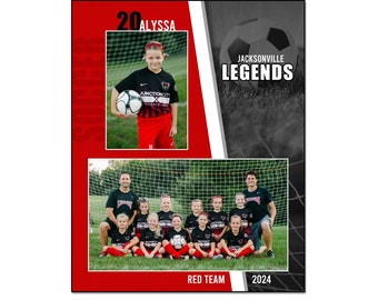Könnte beinhalten: Eine rot-schwarze Fußball-Team-Erinnerungsvorlage. Das Design beinhaltet ein Foto eines jungen Mädchens mit einem Fußball und ein Teamfoto. Der Text enthält "20 ALYSSA", "JACKSONVILLE LEGENDS", "RED TEAM" und "2024".