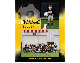Könnte beinhalten: Eine digitale Erinnerungsvorlage für Fußballteams. Das Design zeigt eine große Fußballgrafik, den Text "Wildcats Soccer 2024" und Teamfotos. Die Vorlage ist ca. 20 x 25 cm groß und erfordert Adobe Photoshop-Software.