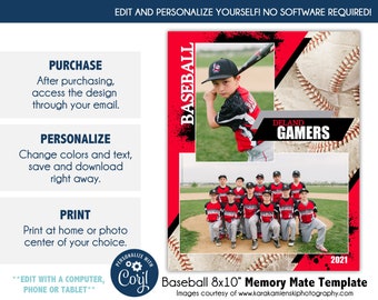 May include: Baseball 8x10 inch memory mate template with photos of a baseball team. The design features a red and black color scheme with baseballs and the text "DELAND GAMERS". The template is editable and personalizable.