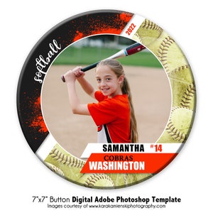SOFTBALL BUTTON 013 | 7x7&quot; Adobe Photoshop Button Digital Photo Button Template | Sports Template for  Individual | Digital File Only