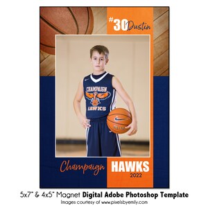 AIMANT DE BASKET-BALL027 | Modèle numérique Adobe Photoshop 5 x 7" et 4 x 5" | Modèle Photoshop pour aimant de sport - fichier numérique uniquement