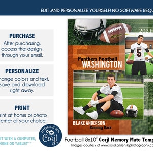 FOOTBALL MM005_CORJL | 8x10 Sports Memory Mate Online Editable Template with Corjl |  Digital File Only | DIY Printable