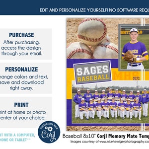 BASEBALL MM0012_CORJL | 8x10 Sports Memory Mate Online Editable Template with Corjl |  Digital File Only | DIY Printable