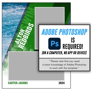 Puede incluir: Una plantilla digital para una tarjeta de lista de equipo de nataci&oacute;n. La plantilla presenta un esquema de color azul y verde con un patr&oacute;n de olas y el texto "Alton Redbirds Swim". Los textos "Carter Jacobs" y "2024" tambi&eacute;n est&aacute;n incluidos. Una nota en la parte inferior indica que Adobe Photoshop es necesario para usar la plantilla.