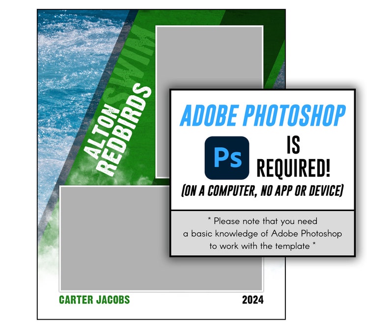 Puede incluir: Una plantilla digital para una tarjeta de lista de equipo de nataci&oacute;n. La plantilla presenta un esquema de color azul y verde con un patr&oacute;n de olas y el texto "Alton Redbirds Swim". Los textos "Carter Jacobs" y "2024" tambi&eacute;n est&aacute;n incluidos. Una nota en la parte inferior indica que Adobe Photoshop es necesario para usar la plantilla.