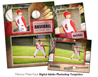 Baseball Photo Template Pack A: Memory Mate, Individual, Team Photoshop PSD (Digital File Only)
