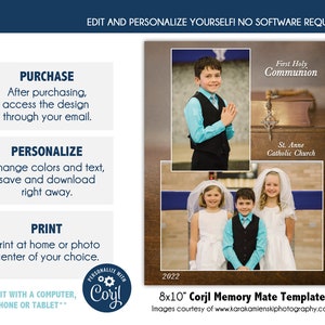 FIRST COMMUNION MM001_CORJL | 8x10 Sports Memory Mate Online Editable Template with Corjl |  Digital File Only | DIY Printable