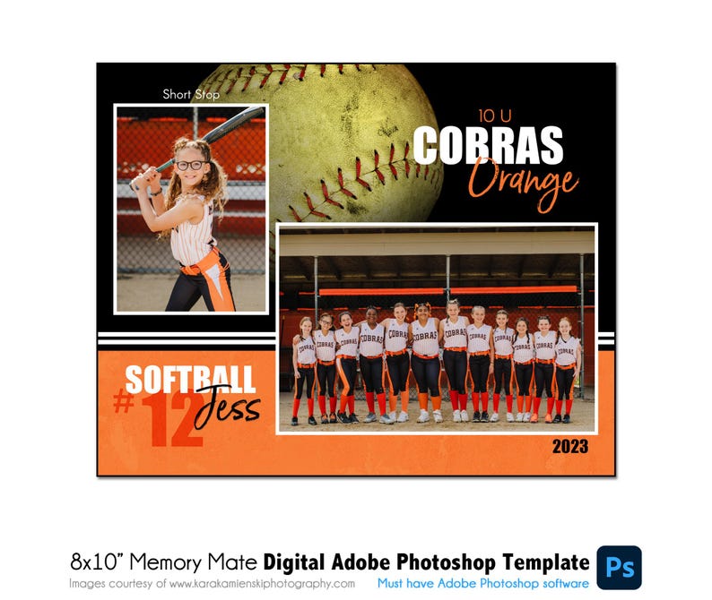 SOFTBOL MM023 / Plantilla digital de Adobe Photoshop Memory Mate de 8 x 10 / Plantilla deportiva de Photoshop para equipos e individuos / Solo archivo digital imagen 1