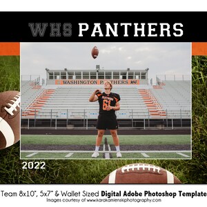 May include: A football player in a black and white uniform with the number 61 on the back, throws a football in the air. The player is standing on a green grass field in front of a stadium with bleachers. The stadium has a sign that reads "WASHINGTON PANTHERS". The image is a digital template for a team photo.