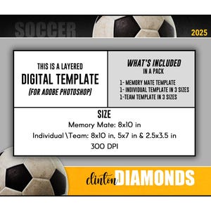 Op de afbeelding: Een digitale sjabloon voor voetbalherinneringen en individuele of teamfoto's. De sjabloon is verkrijgbaar in drie formaten: 20,3 x 25,4 cm, 12,7 x 17,8 cm en 6,4 x 8,9 cm. De sjabloon is 300 DPI en is bedoeld voor gebruik in Adobe Photoshop.