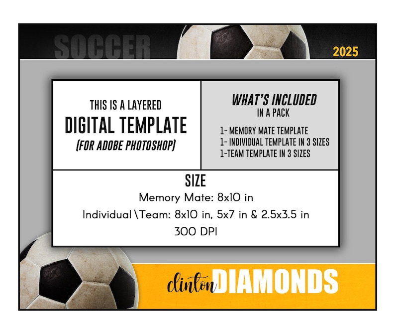 Op de afbeelding: Een digitale sjabloon voor voetbalherinneringen en individuele of teamfoto's. De sjabloon is verkrijgbaar in drie formaten: 20,3 x 25,4 cm, 12,7 x 17,8 cm en 6,4 x 8,9 cm. De sjabloon is 300 DPI en is bedoeld voor gebruik in Adobe Photoshop.