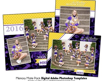 May include: A collection of digital photo templates featuring cheerleaders in purple and gold uniforms. The templates include the text "cheerleading MONTICELLO" and "MHS", with the year "2016" displayed on one template. The images are set against a background of purple confetti and yellow polka dots.