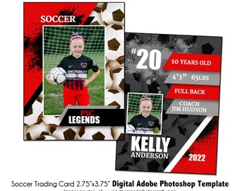 Könnte beinhalten: Fußball-Sammelkarten-Vorlage mit einem jungen Mädchen in Fußballuniform, das einen Fußball hält. Die Karte enthält den Text "SOCCER" und "PSC LEGENDS". Die Rückseite der Karte zeigt Spielerinformationen: #20, 10 Jahre alt, 130cm, 29.5kg, Abwehr, Trainer Jim Hudson und den Namen Kelly Anderson.