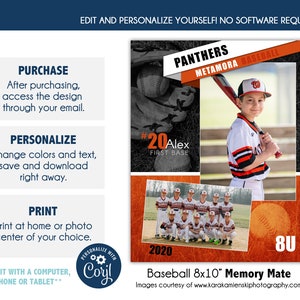 BASEBALL MM0019_CORJL | 8x10 Sports Memory Mate Online Editable Template with Corjl |  Digital File Only | DIY Printable