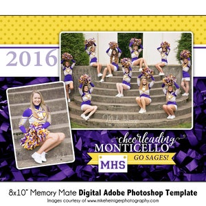 チアリーディング MM005 | 8x10 Adobe Photoshop Memory Mate デジタル テンプレート | チームおよび個人向けスポーツ Photoshop テンプレート | デジタル ファイルのみ