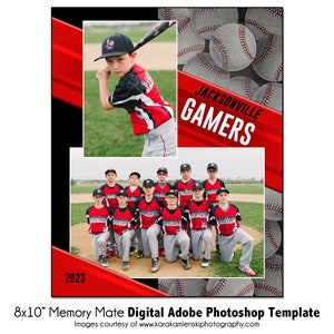 Puede incluir: Una plantilla de foto de equipo de béisbol roja y negra con una foto de equipo, un jugador bateando y el texto "JACKSONVILLE GAMERS" y "2023".
