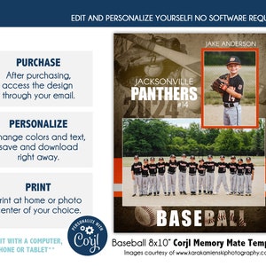 Puede incluir: Una plantilla Corjl Memory Mate de béisbol de 20,3 x 25,4 cm con fondo marrón y rayas naranja y blancas. La plantilla presenta a un jugador de béisbol con un uniforme blanco con el texto "JAKE ANDERSON" y "#14" encima de él. El texto "JACKSONVILLE PANTHERS" está en la esquina superior izquierda de la plantilla. El texto "BASEBALL" está en el centro inferior de la plantilla. El texto "EDIT WITH A COMPUTER, PHONE OR TABLET" está en la esquina inferior izquierda de la plantilla. El texto "PERSONALIZE WITH Corjl" está en la esquina inferior derecha de la plantilla.