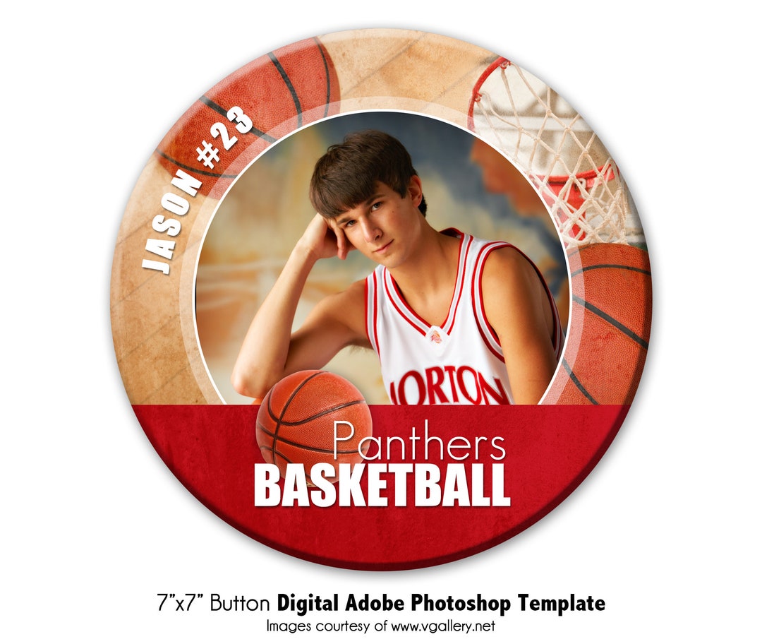 Basketball Photo Button Template 001: 7x7” Photoshop PSD, Customizable ...