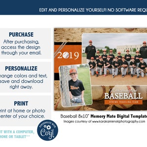 BASEBALL MM004_CORJL | 8x10 Sports Memory Mate Online Editable Template with Corjl |  Digital File Only | DIY Printable