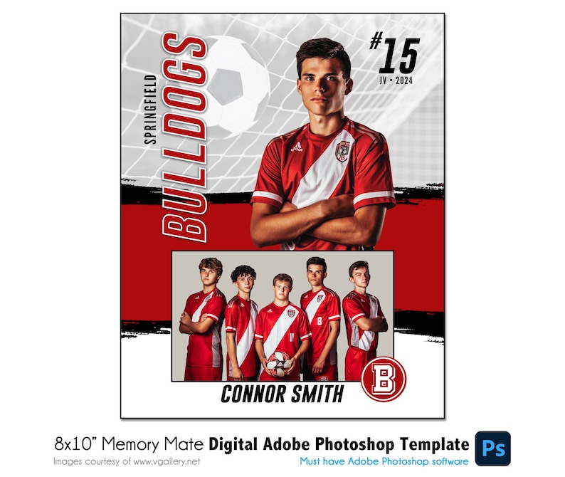 May include: A red and white soccer jersey with a black and white soccer ball and a team photo. The jersey has the text "Springfield Bulldogs" and "#15 JV-2024" on it. The team photo shows five players in red and white jerseys. The text "Connor Smith" is below the team photo.