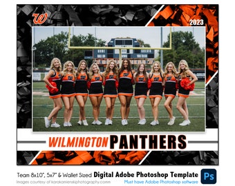 May include: A team photo of cheerleaders in black and orange uniforms, standing on a football field. The image is framed with black and orange accents and includes the text "WILMINGTON PANTHERS" and "2023".
