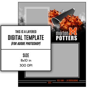 Puede incluir: Una plantilla digital para Adobe Photoshop con un marco de fotos en blanco y negro sobre un fondo gris. El marco est&aacute; rodeado por un borde negro. La parte superior de la imagen presenta un meg&aacute;fono negro con pompones naranjas y el texto "morton M POTTERS".