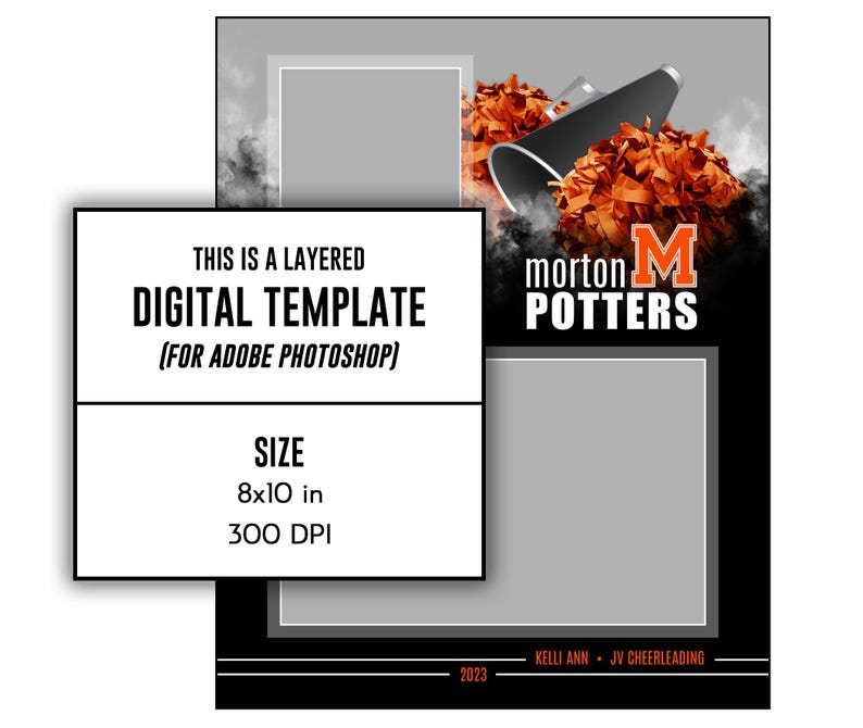 Puede incluir: Una plantilla digital para Adobe Photoshop con un marco de fotos en blanco y negro sobre un fondo gris. El marco est&aacute; rodeado por un borde negro. La parte superior de la imagen presenta un meg&aacute;fono negro con pompones naranjas y el texto "morton M POTTERS".
