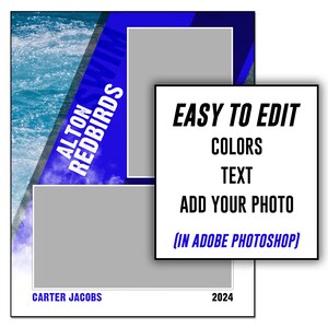 Puede incluir: Un gr&aacute;fico digital azul y blanco con el texto "Alton Redbirds Swim" y "Carter Jacobs 2024". El gr&aacute;fico tiene dos marcadores de posici&oacute;n para fotos. El texto "Easy to Edit Colors Text Add Your Photo (In Adobe Photoshop)" est&aacute; en un cuadro blanco.